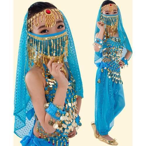7 Pcs Child Belly Dance Costume Girl Belly Dancer Wear (Tops+Pants+Waist chain+Headwear+2 Pcs Bracelet+Veil) Indian Dance Dress
