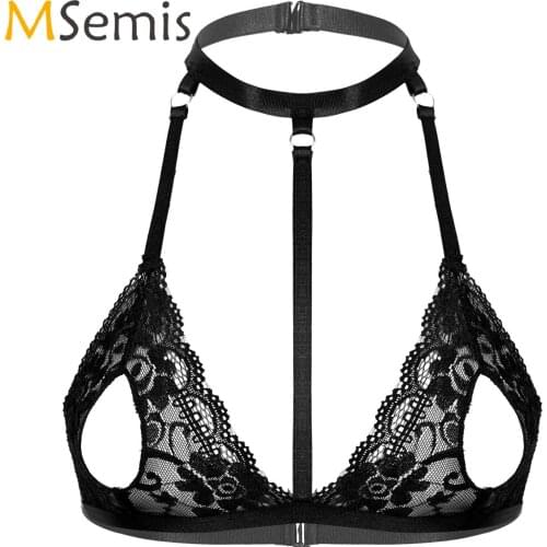 Womens Erotic Lingerie Hot See-through Lace Bra for Sex Hollow Out Lingerie Unlined Wireless Bra Ladies Halter Neck Strappy Bra