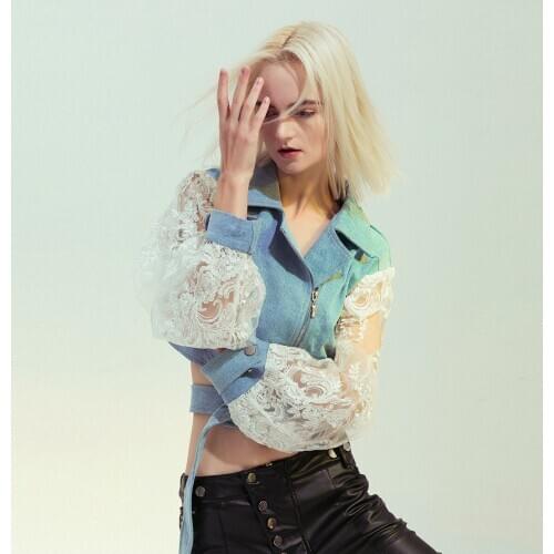 2020 new spring autumn fashion perspective women clothes sexy lace patchwork long sleeves denim coat sun-protective lady jacket
