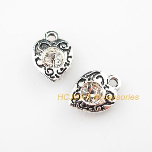 20Pcs Tibetan Silver Color Clear Crystal Flower Heart Charms Pendants 9.5x13mm