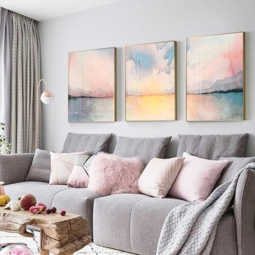 Abstract Pink Seaside View Canvas Painting Nordic Girlish Decor Modern Poster Print Wall Art Pic for Living Room Aisle Painting