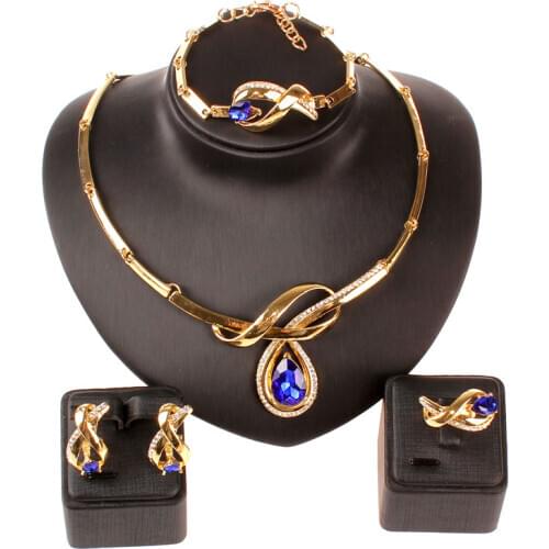 African Beads Fine Jewelry Set Gold Color 3 Colors Clear Austrian Crystal Women Wedding Necklace Bracelet Earring Ring