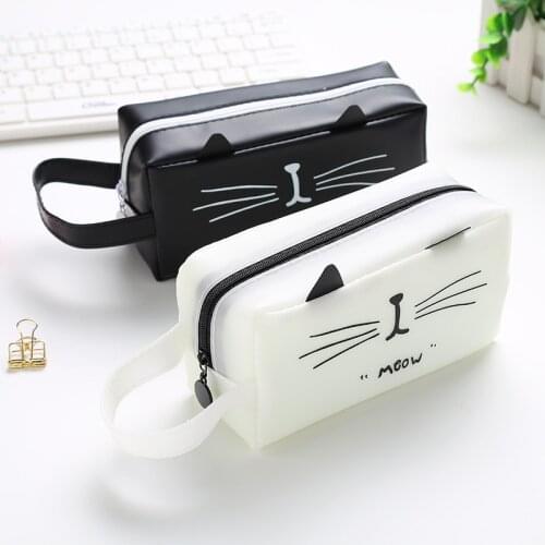 Student Cartoon Black and White Zipper Pencil Case Simple Square Large Capacity Creative Pencil Case, Easy To Carry