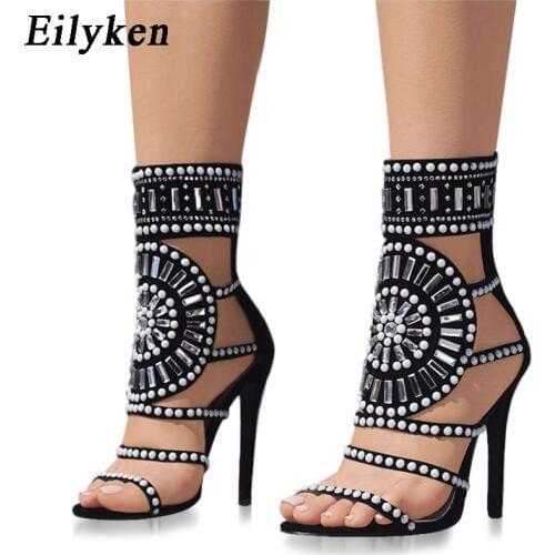 Eilyken 2021 New Ethnic String Bead Rivet Women Sandals Design Pumps Sexy Cover Heel Lady Sandals Shoes size 35-42