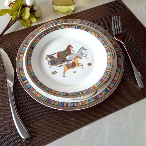 Porcelain Gold Inlay Dessert Plate Steak Salad Snack Cake Plates Tableware Horse Ceramic Dinner Set