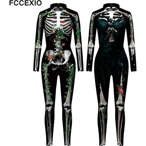 FCCEXIO Rose Weed Twining Body Skeleton 3D Print Sexy Bodysuits Cosplay Jumpsuit Adults Onesie Hallowmas Long Sleeve Outfits