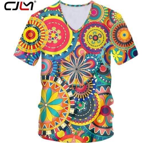 CJLM Mens Custom 3D Printing Color Pattern Leaves Eyes V-neck T-shirt Chinese Factory Direct Supply Dropshipping