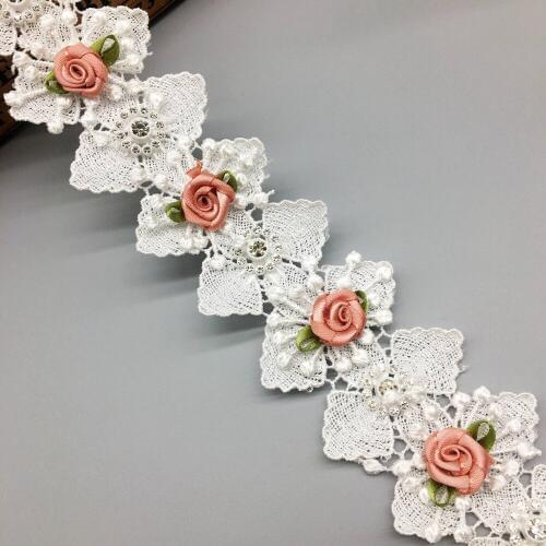 GXINUG 1 yd Soluble Rose Flowers 3D Diamond Embroidered Lace Trim Ribbon Fabric Sewing Supplies Craft For Garment Hat Decoration