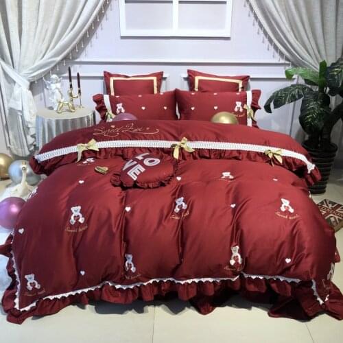 Cute bear Bedding Set Queen Size embroidery Bedding Sheet egyptian cotton Bed Linen ropa de cama King Bed Set Duvet Cover 4/7pcs
