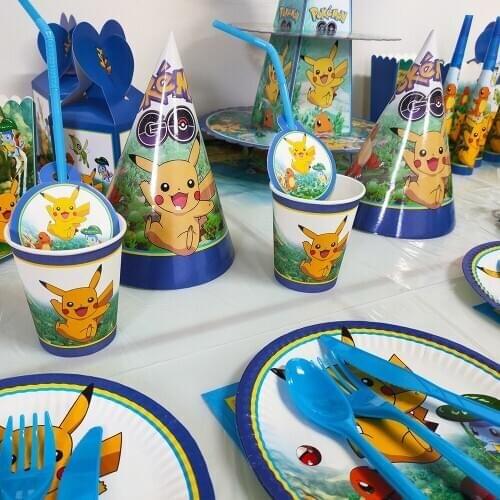 Pokémon Pikachu Monster Decoration Set Tablecloth Spoon Hat Action Figures Anime characters Set Kids Birthday Party Decoration
