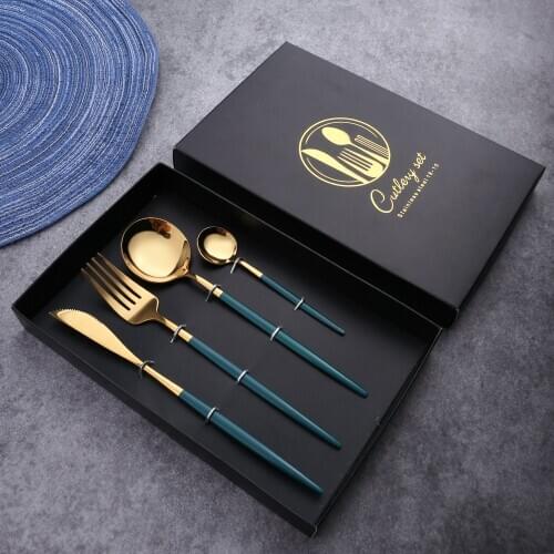 Set of 4 410 Stainless Steel Cutlery Pack Tableware Dinnerware Fork Spoons Knife Kit with Storage Box Steak Gadgets Kitchen