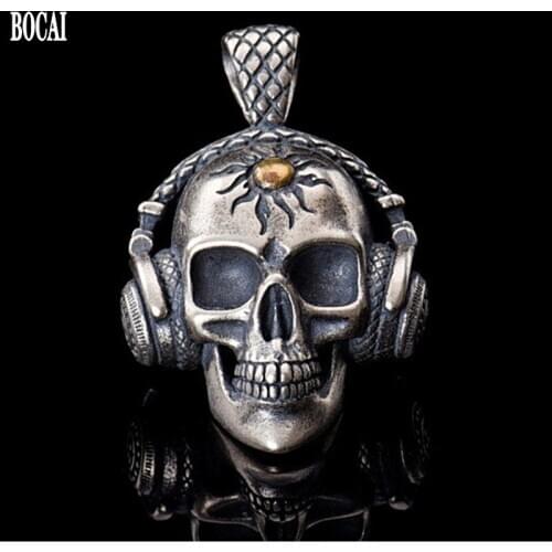 New 100% real solid S925 pure Silver Rock Pendant for Man Music Skull Headphones Skull Thai Silver Man Pendant Silver