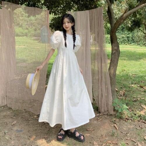2021 Summer New Gentle and Sweet Temperament Puff Sleeve Lace-up One-piece Womens Thin and Age-Reducing Mid-Long A-line Skirt
