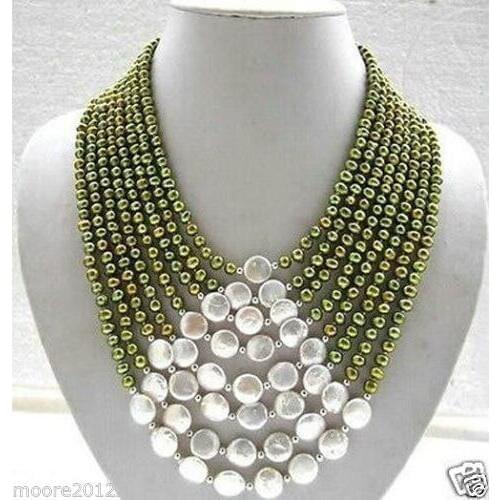 Details about 8 rows green Fresh water pearl & white coins pearl necklace