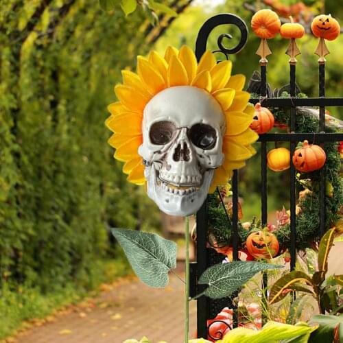 Halloween Sunflower Skeleton Head Decor Artificial Sunflowers Props Skull Figures Statue Ornaments Garden Lawn Decor Sculptures