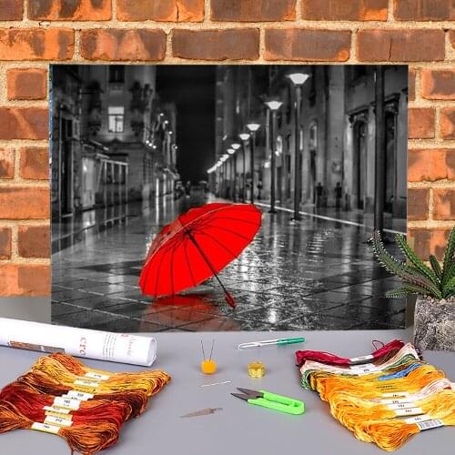 Red Umbrella Rose Flower Printed 11CT Cross-Stitch Full Kit Embroidery DMC Threads Handiwork Hobby Craft Wholesale