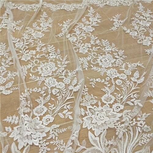 Luxury Pearls Beaded Sequined Floral Tulle Fabric Embroidery Mesh Fabric For DIY Sewing Wedding Gown Bridal Dress Stage Dress