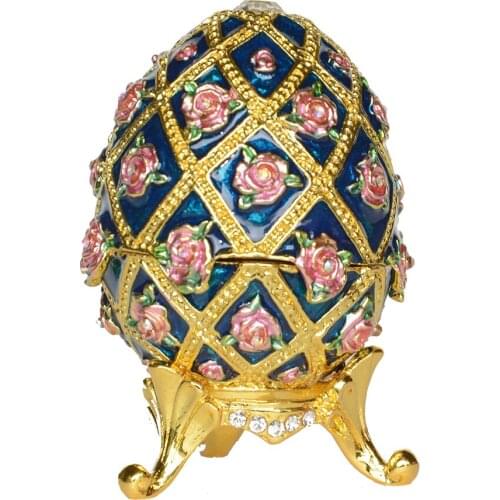 Hand Painted Vintage Style Rose on Egg with Enamel and Sparkling Rhinestones Jewelry Trinket Box