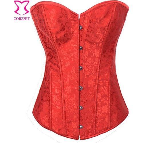 Sexy Floral Tapestry Burlesque Red Corset Overbust Bustier Womens Corselet Intimates For Valentines Day