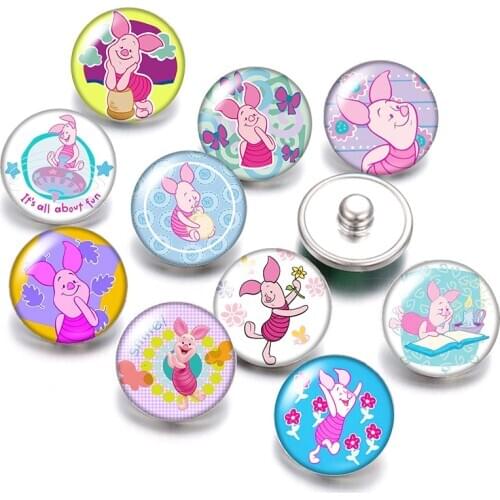Disney Cute Pooh piglet Lovley pig 10pcs Round photo glass cabochon 18mm snap buttons for 18mm snap bracelets jewelry wholesale