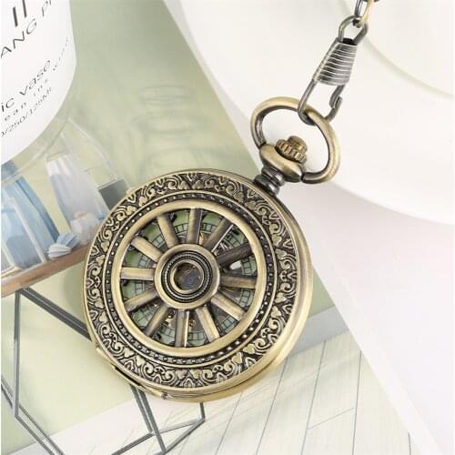 Luminous Green Dial Bronze Wheel Hollow Mechanical Hand Winding Pocket Watch Men Manual Machinery FOB Chain Pendant Clock Gift