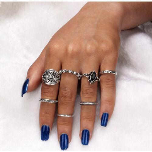 Vintag Tibetan Silver Classic Black Crystal Round Rhombic Clouds Geometrical Irregular Ring Set Lady Charm Jewelry Costumed