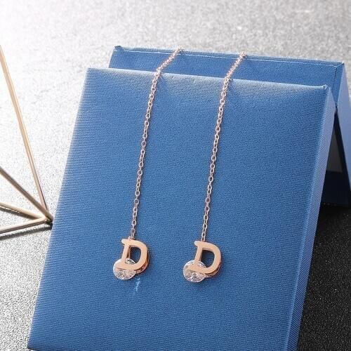 Vintage Luxury Letter D Crystal Tassel Dangle Earrings For Women Stainless Steel Small Delicate Drop Earrings Jewelry Gift