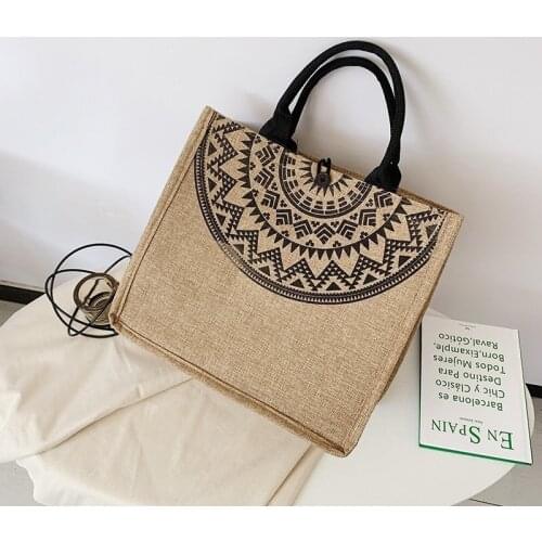 National Style Large Capacity Handle Bag Women Canvas Shoulder Bag Vintage Handbag Lady Shopping Tote Bag Girls Big Pouch Femme