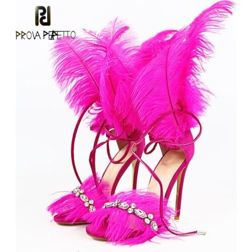 Fashionable Satin Stitching Rhinestones and Feathers Womens Sandals Round Toe Stiletto Cross Strap Wedding Shoes Catwalk Shoes