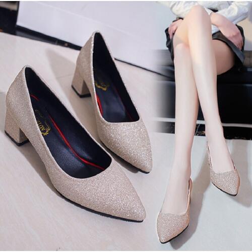 2019 new silver pointed sequins shallow mouth thick with single shoes fashion with comfortable high heels large size 9 40