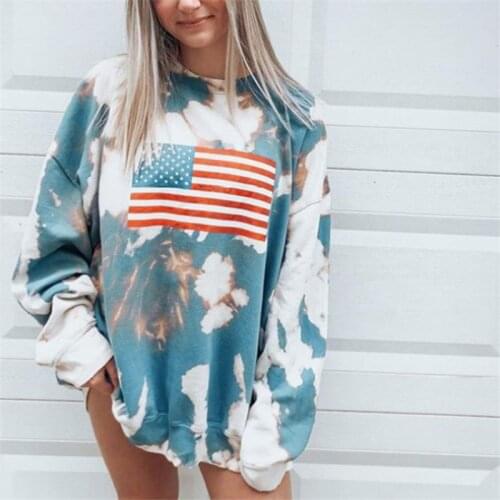 US Flag Print Sweatshirt Women Long Sleeve Tie Dye Pullover Sweatshirts Female Casual O Neck Loose Sweatshirt Tops Moletom