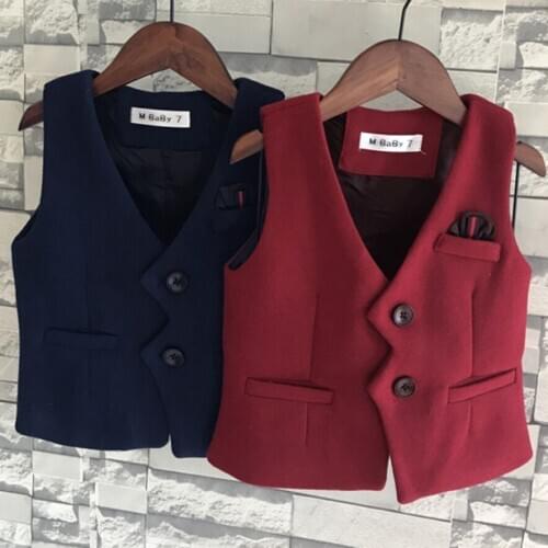 Woolen Blend Waistcoat Boy Herringbone Pockets Buttons V Collar Vests Kids Baby Infant Toddler Child