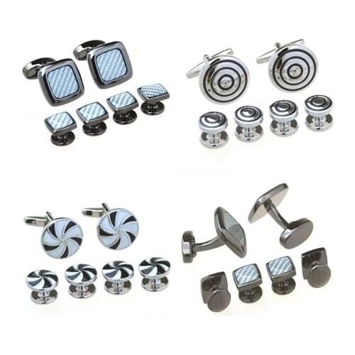 5sets Gunblack Carbon Fiber Tuxedo Cufflinks Collar Studs 6pcs Set Enamel Windmill/Circle Cuff Links Buttons Set Mens Jewelry