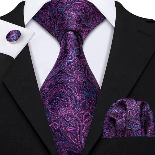 Barry.Wang Designer Purple Paisley Men Ties 8.5cm Wide 100% Silk Tie Hanky Box Set Gifts For Men Wedding Groom Necktie LS-5158