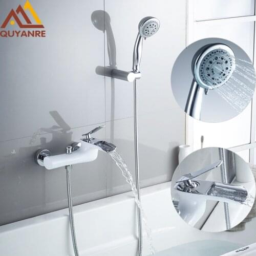 Quyanre White Chrome Waterfall Bathtub Shower Faucets Torneira Bathroom Shower Single Handle Mixer Tap Wall Mounted Shower Mixer