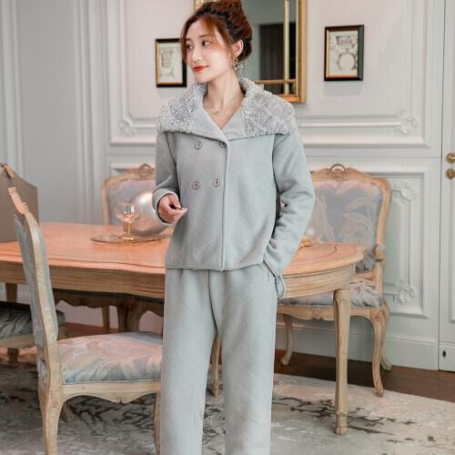 Elegant Winter Thicken pajamas sets women Korea quality Flannel casual plaid Long sleeve trousers sleepwear women