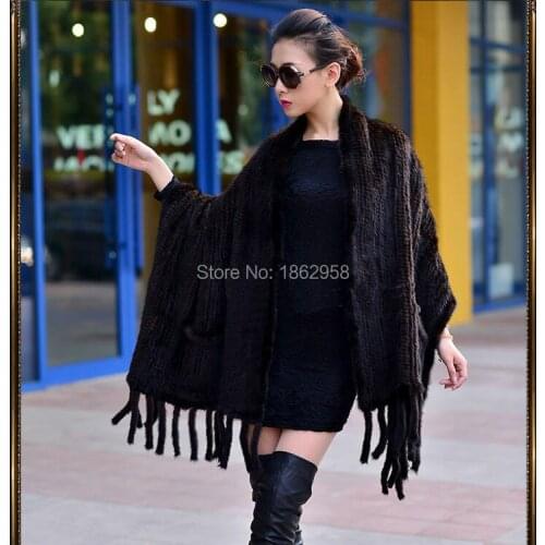 SJ701-03 Hot Sale Black Fur Shawl,Knitted Genuine Mink Wedding fur shawl Women Fur Wrap Cape Winter Knitted mink fur scarf