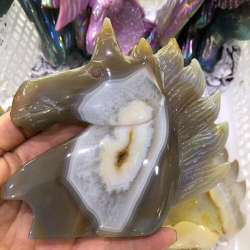 A Natural stone agate carving unicorn crystal skull crystals geode cluster creative carving home decoration noble and pure
