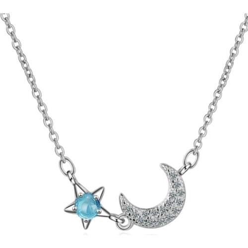 Korean Fresh Blue Stars Crystal Moon 925 Sterling Silver Literary Personality Female Necklace SNE363