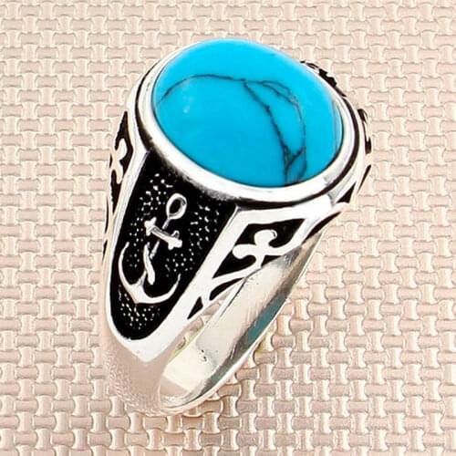 Sailor Turquoise Ring Natural Gemstone Real Pure 925 Sterling Silver For Man Anchor Design Stamped Handmade Turkish Jewelry