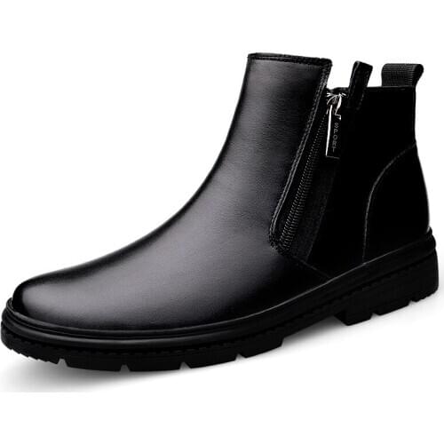 Business Genuine Leather Men boots Natural Cow Leather Shoes Men Ankle Boots Natural Fur Winter Boots Warm Snow Boots Hombre