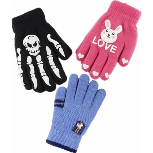 Kids Winter Full Fingers Gloves Bicycle Football Keep Warm Cartoon Funny Skeleton Pattern 3-12Y Knitted Acrylic Gloves Boy Girls