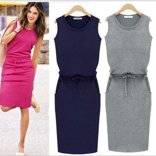 Tmwevn New Summer Dress Casua Womens Holiday Sleeveless Pockets with Belt Pencil Sundress Ladies Summer Beach Casual