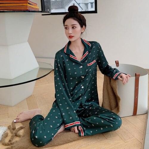 Satin Pajamas Set Women Summer Sleepwear PJS Girls Plus Size Loungewear Homewear Print Long Sleeve Green Night Suit Home Clothes