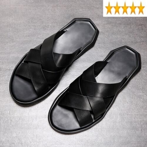 Mens 2021 New Slippers Summer Street Fashion Leather Beach Shoes Slides Casual Breathable Black Soft Soles Sandals Male