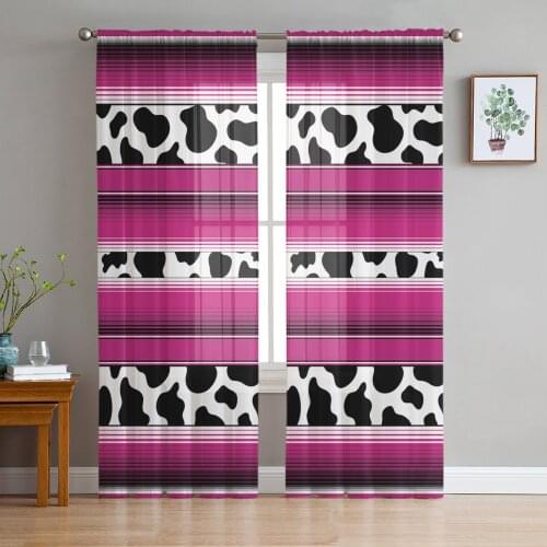 Youth Bedroom Sheer Curtains Cow Pattern Stripes Rose Red Kitchen Study Curtains Living Room Holiday Decor Tulle Curtains