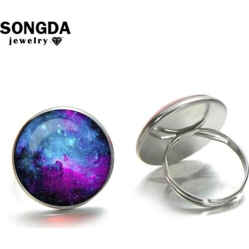 SONGDA Fashion Galaxy Nebula Ring Space Universe Art Photo Handmade Glass Cabochon Ring Adjustable Wearing Gift for Women Girls