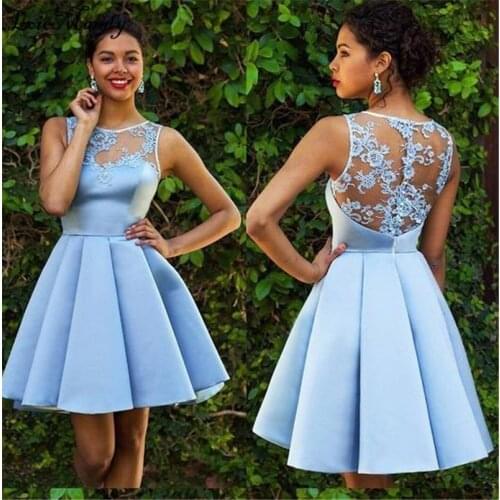 Light Blue Short Cocktail Dresses 2022 Elegant Sheer Backless Graduation Prom Party Gowns For Girls Plus Size Robes de cocktail