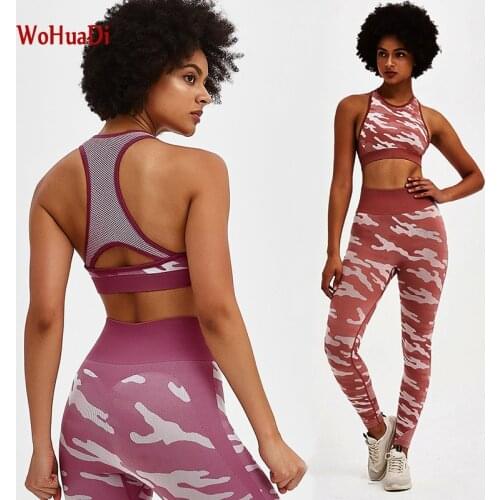 WOHUADI Women Yoga Sets Vest Bra +Leggings Pants Fitness Running Clothes Sexy Gym Mesh Patchwork camouflage slim yoga set