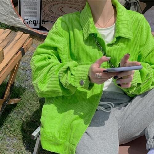 Women Spring Vintage Green Corduroy Shirts Jackets Full Sleeve Turn-Down Collar Oversize Tops Casual Autumn Basic Outwear
